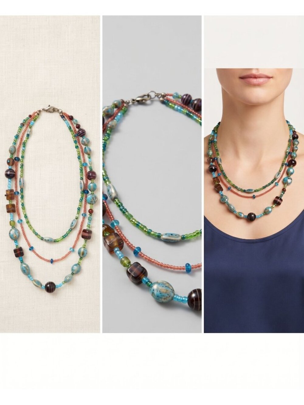 Boho Handmade Multi-Strand Glass Bead Necklace, Triple Layer 26" Sterling Clasp